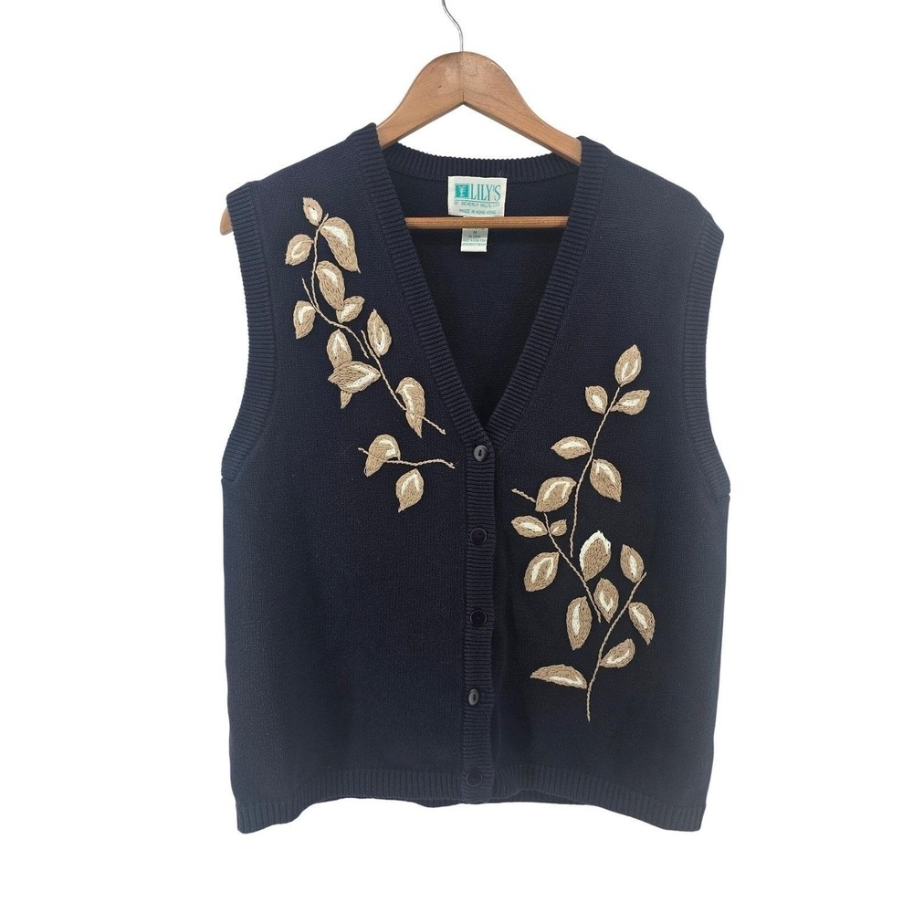 Lily's of Beverly Hills Sweater Vest Womens M Embroidered Navy Blue Cotton EUC